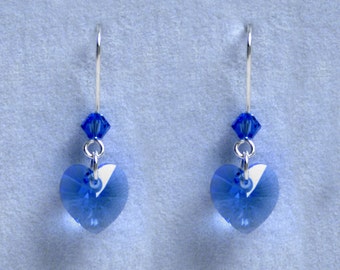 Handmade 'Birthday' earrings. September, Sapphire, Birthstone, Birth sign, Zodiac, Virgo. Silver & Swarovski crystal heart earrings