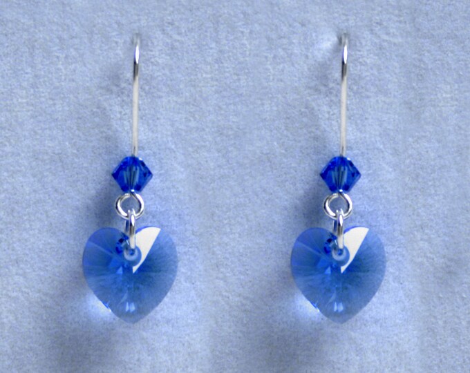 Handmade 'Birthday' earrings. September, Sapphire, Birthstone, Birth sign, Zodiac, Virgo. Silver & Swarovski crystal heart earrings