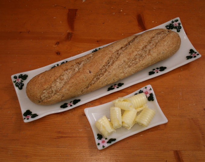 Fused glass baguette & butter serving set / dishes / plates. 'Flora XF Pink' With raised pink flowers and green leaves on a white base