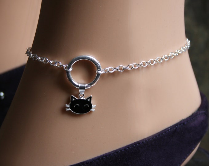 Sir's Kitten. PERMANENTLY LOCKING Black Cat 'O' ring Slave Ankle Chain Bracelet. BDSM Anklet. Sterling silver.  Infinity / Eternity ring.