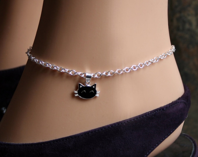 Sir's Kitten. Black Cat Slave Ankle Chain Bracelet. BDSM Anklet. Sterling silver. Kitty ankle chain. Kitty cat. Cute kitten anklet.