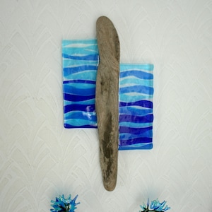 Ocean depths - A pair of Kiln Fused art glass panels set into natural driftwood. Waves. Seas. Ocean. Summer Blues. Unique Glass Wall art.
