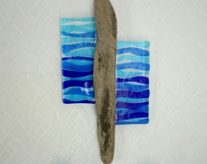 Ocean depths - A pair of Kiln Fused art glass panels set into natural driftwood. Waves. Seas. Ocean. Summer Blues. Unique Glass Wall art.