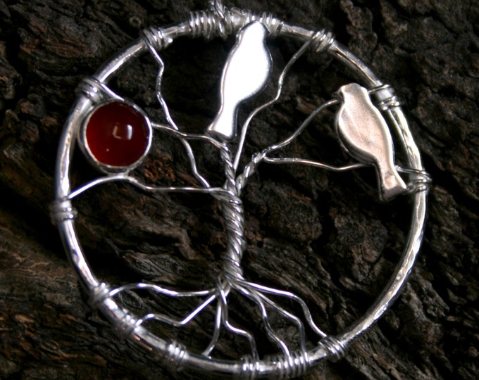 Tree of Life - Two little birds at Sunset. Sterling Silver Carnelian Pendant. 'Forest friends' collection. Exclusive design. Eco friendly.