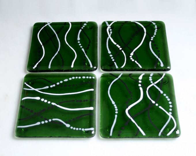 Fused glass coasters. 'Serpentine - Ashes'  Black, white & grey on a bottle green base. Squiggly coasters. Choose 2 or 4. Can be customized