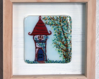 Fae Cottage - Framed Kiln Fused art glass painting. Fairy House in the woods. Natural wood frame. Glass wall art. 19 x 19cm (7.5 x 7.5")