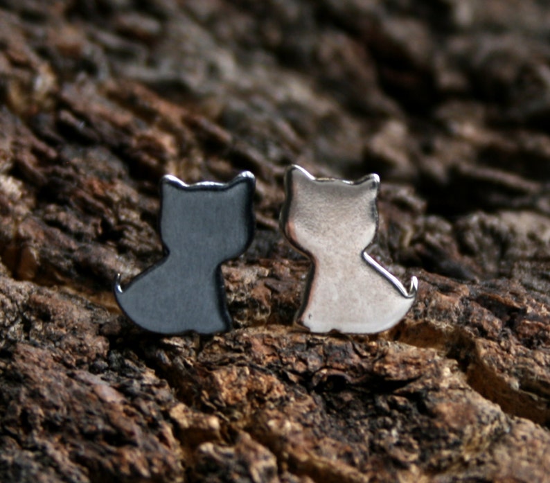 Cute Kitten. Sterling Silver stud earrings. 'Forest friends' collection. Exclusive design. Eco-friendly Natural or Black silver. Kitty Cats. image 1