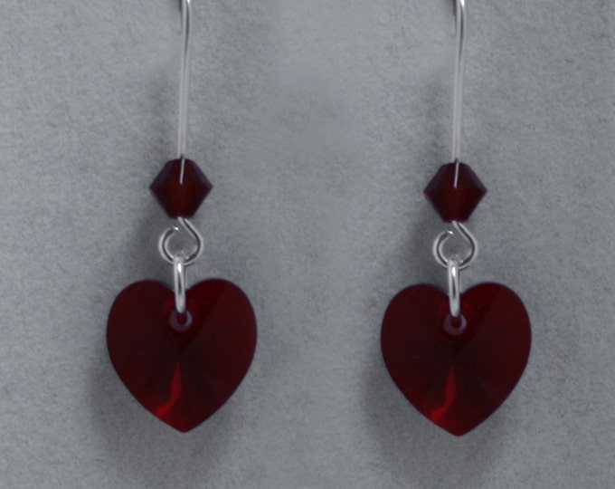 Handmade 'Birthday' earrings. July, Ruby, Birthstone, Birth sign, Zodiac, Cancer. Silver & Swarovski crystal heart earrings