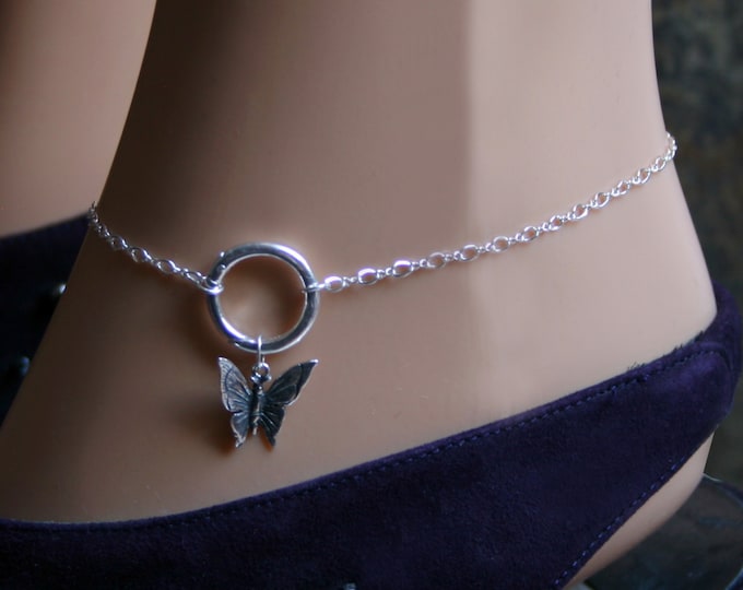 PERMANENTLY LOCKING Butterfly 'O' ring Slave Ankle Infinity Chain Bracelet / Sterling BDSM Anklet. Infinity / Eternity / Captive ring.