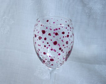 Polka Dot - Deep Rose - An exclusive design, hand painted, wine glass featuring deep rose pink polka dots encircling the bowl.