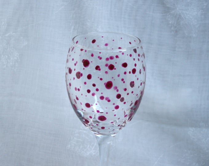 Polka Dot - Deep Rose - An exclusive design, hand painted, wine glass featuring deep rose pink polka dots encircling the bowl.