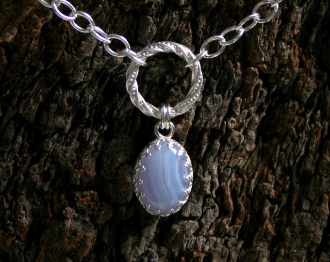 PERMANENTLY LOCKING, Fancy O Ring Day Collar / Slave Necklace. Principessa blue lace agate dropper. Sterling silver Story of 'O' collar.