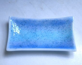 Rainbow Skies. A fused glass soap / trinket / small sushi / chocolates dish in a range of pale blues. Bathroom / Kitchen / Bedroom.