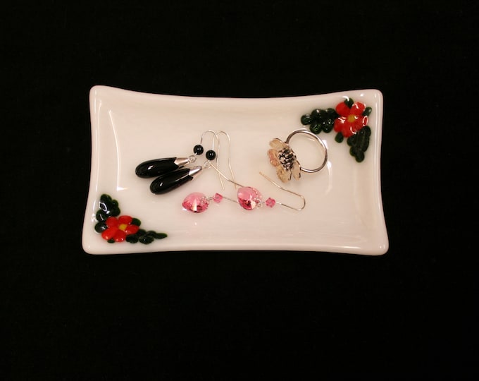 Flora in Red ~ A hand made, fused glass trinket / soap / sushi / butter dish with raised red flowers and green leaves on a white base