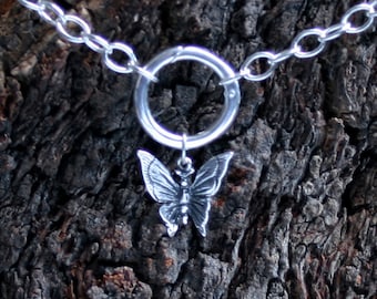 Discrete, Butterfly dropper O Ring Day Collar / Slave Necklace. Sterling silver Story of 'O' collar. Can be worn as a choker or a necklace.
