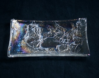 Antarctica - A hand made fused glass soap / trinket / small sushi dish with a textured shimmering iridescent finish on a clear base.