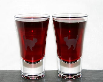 Cat Shot - Pair of hand etched shot glasses featuring a solitary cat.