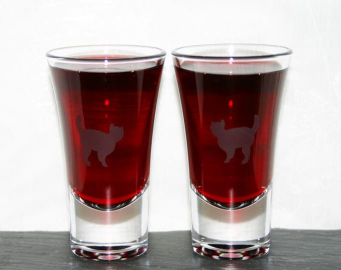 Cat Shot - Pair of hand etched shot glasses featuring a solitary cat.