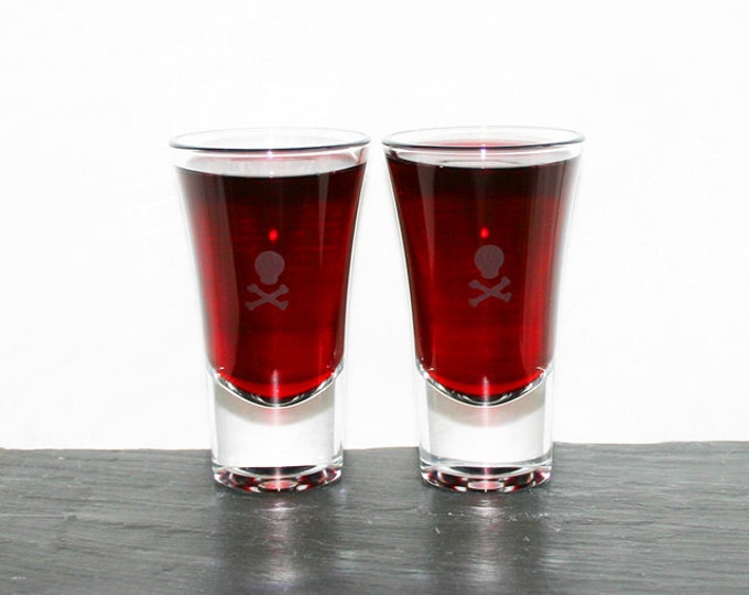 Death Shot - Set of six hand etched shot glasses featuring a skull and crossbone design.
