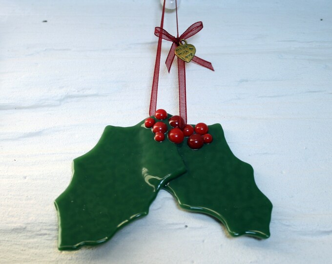 Hanging Holly - Fused glass Festive hanging Yuletide Christmas tree/ window/ wall ornament. Festive holly leaves adorned with red berries.