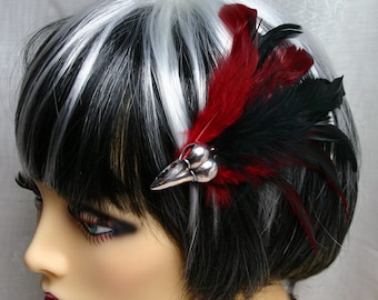 Exclusive 'Blood Raven' hair grip/ fascinator in black and deep red.