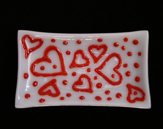 Red and White Fused glass trinket / soap /sushi dish 'HEARTS' - Unique, hand made featuring raised red hearts and dots on a white base.