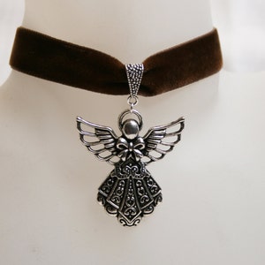 Handcrafted &#39;Guardian Angel&#39; Choker.Large Tibetan silver Guardian Angel on a Wine, Black, Green, Purple, Brown, White or Ivory velvet ribbon