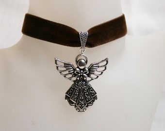 Handcrafted 'Guardian Angel' Choker.Large Tibetan silver Guardian Angel on a Wine, Black, Green, Purple, Brown, White or Ivory velvet ribbon