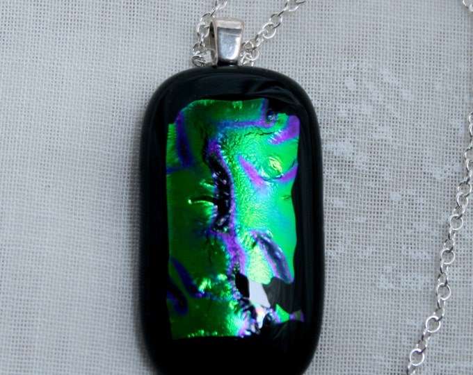 Handmade Unique Dichroic Fused Glass Pendant 'Purple Emerald' On a Sterling Silver 925 bail. (choose sterling silver or silver plated chain)