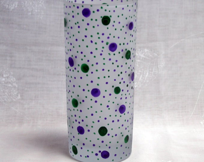 Dotty about You!  Purple & Green. Exclusive design, hand painted, Etched Hi Ball glass with purple and green dots and spots encircling it.