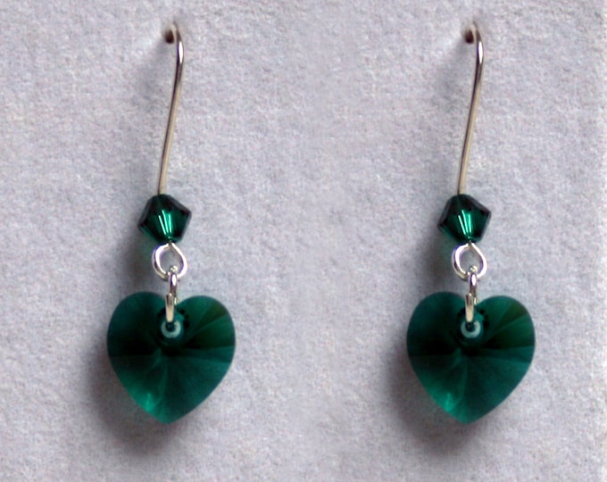 Handmade 'Birthday' earrings. May, Emerald, Birthstone, Birth sign, Zodiac, Aries. Sterling silver & Swarovski crystal heart earrings