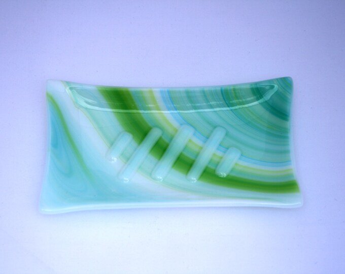 Forest Swirl (D#1) - A unique, hand made fused glass soap dish in swirling green hues.