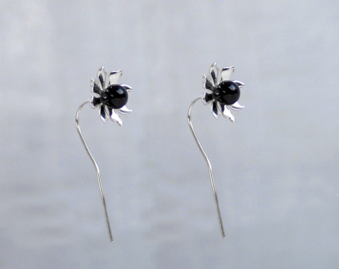 Handmade 'Ma Petite Fleur' earrings. Traditionally hand made sterling silver gemstone flower earrings with Black Onyx, stud style with stem.