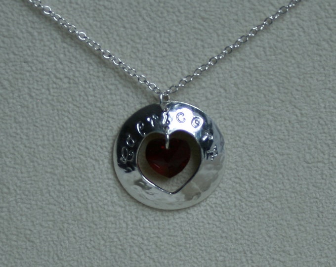 Handmade 'Birthday' pendant. January, Garnet, Birthstone, Birth sign, Zodiac, Capricorn. Sterling silver & Swarovski crystal heart pendant.