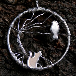 Tree of Life - Cat and bird Pendant. Eco friendly Sterling Silver. &#39;Forest friends&#39; collection. Exclusive design.