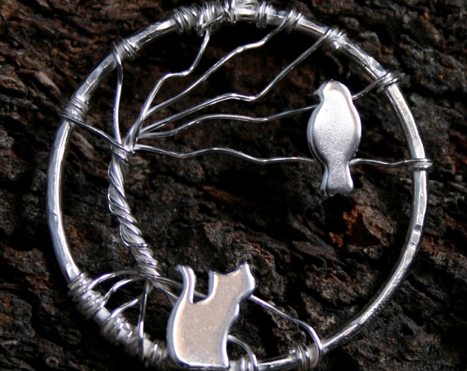 Tree of Life - Cat and bird Pendant. Eco friendly Sterling Silver. 'Forest friends' collection. Exclusive design.