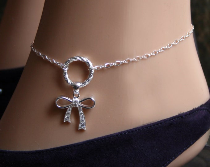 Permanently locking CZ Bow Fancy 'O' ring Slave Ankle Chain Bracelet. BDSM infinity chain Anklet. Sterling silver. Infinity Eternity ring.