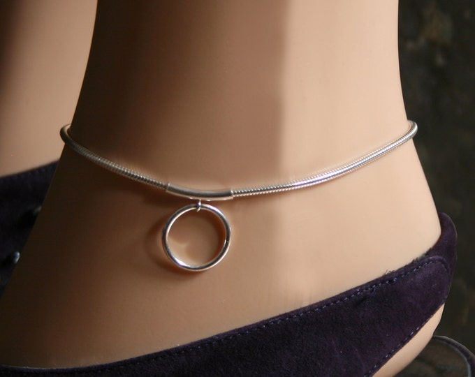 Discrete PERMANENTLY LOCKING Slave Ankle Chain Bracelet. 'Story of O' BDSM 'O' ring anklet. Sterling silver. Choose large or small 'O' ring.