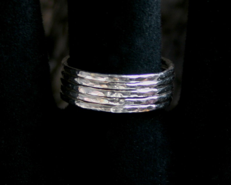 Sterling Silver stack rings. Hammered skinny silver stacking rings. Choose black or natural silver. Single or Set US 8 to 13 UK Q to Z 1/2 image 1