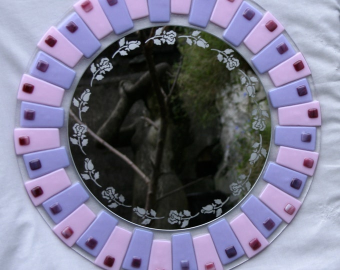 Romantic Rose ~ A Fused glass circular mirror in pinks and mauves, etched with a circlet of roses
