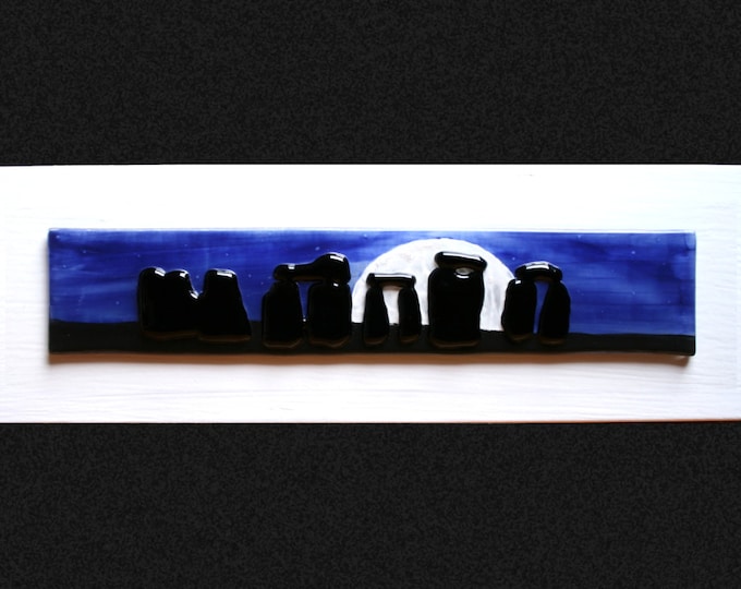 Stonehenge Moonrise #1 Fused glass painting ~ raised stones on a hand painted night sky base, set on a white frame. 34 x 10cm (13.5 x 4")