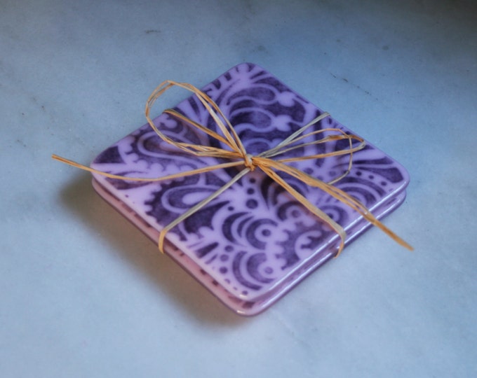 Fused glass coasters 'Paisley Passion'  Purple & pink. Mottled purple and pale pink paisley pattern. I can make other colors as custom order