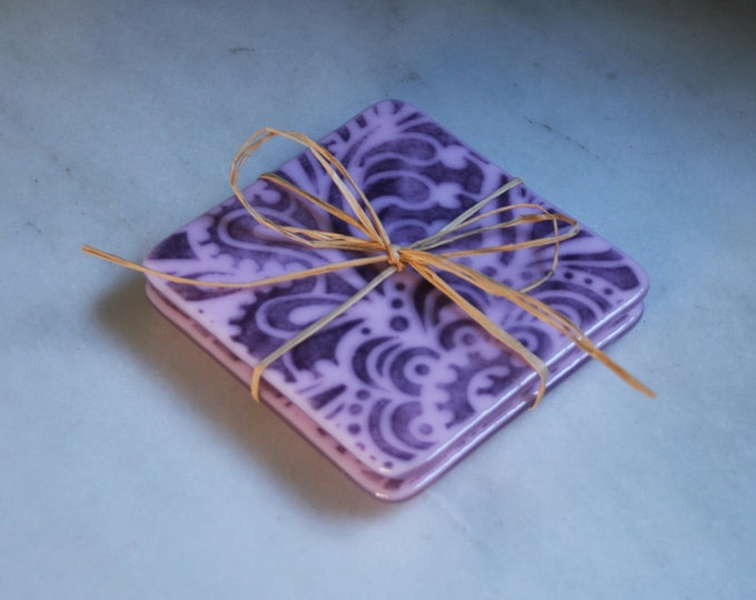 Fused glass coasters 'Paisley Passion'  Purple & pink. Mottled purple and pale pink paisley pattern. I can make other colors as custom order