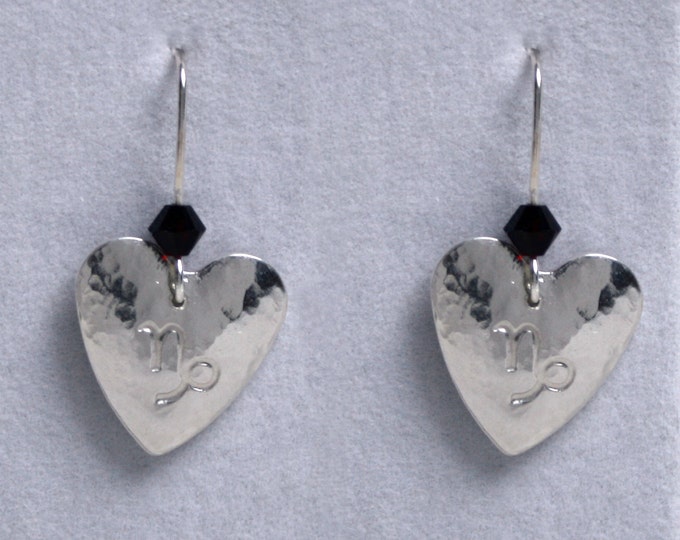 Handmade 'Birthday' earrings. January, Garnet, Birthstone, Birth sign, Zodiac, Capricorn. Sterling silver & Swarovski crystal heart earrings