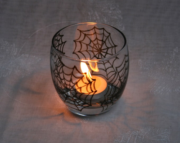Wicked Webs (In shades of black and grey) - An exclusive design, hand painted, spider web T light holder.
