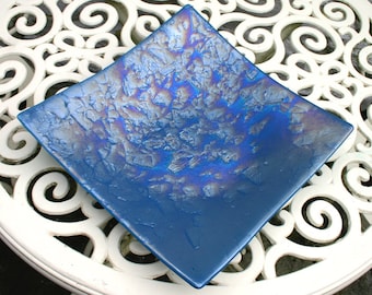 Arctic Blue - Large, exclusive, fused glass bowl in steel blue and shimmering iridescence. Unique, One of a kind.