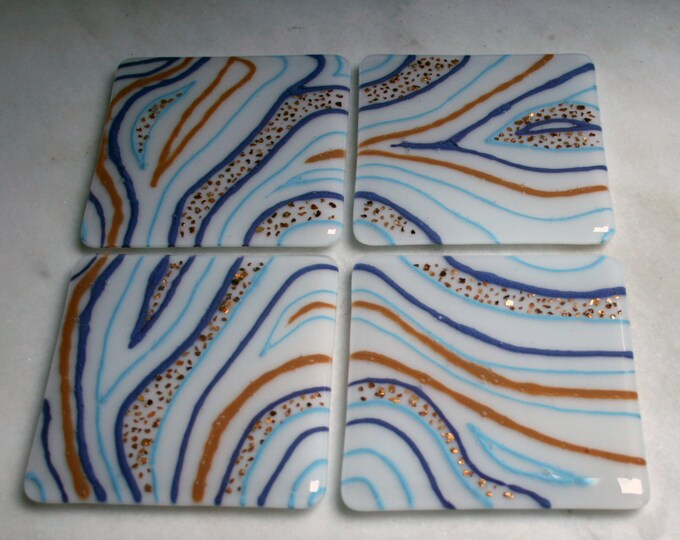 Custom Fused glass coasters 'Sparkling swirls'  Choose 2 or 4. Customizable. Choose base glass color, line colors & gold or silver sparkles