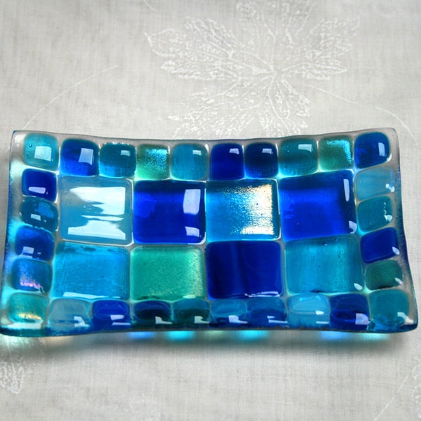 Summer Seas (D1), mosaic series, fused glass soap / trinket / sushi / chocolates dish in a range of blues. Bathroom / Kitchen / Bedroom