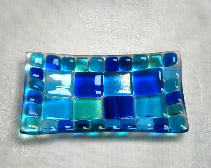 Summer Seas (D1), mosaic series, fused glass soap / trinket / sushi / chocolates dish in a range of blues. Bathroom / Kitchen / Bedroom