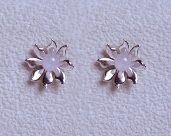Handmade 'Ma Petite Fleur' earrings. Traditionally hand made, sterling silver gemstone flower stud earrings with Rose Quartz.